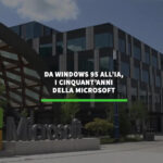 "Immagine commemorativa dei 50 anni di Microsoft, evidenziando l'evoluzione da Windows 95 all'intelligenza artificiale."
