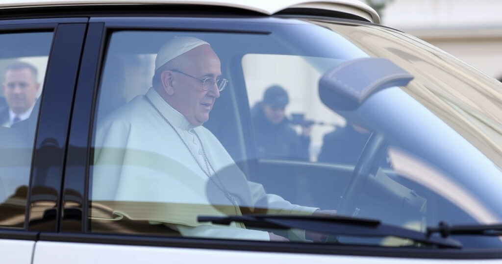 "Feretro di Papa Francesco in papamobile attraversa Roma, circondato da fedeli in un commovente saluto finale."