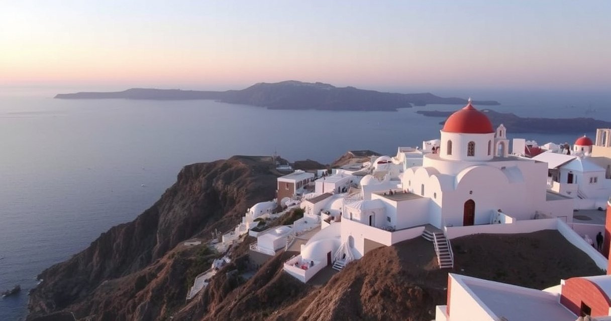 "Immagine di Santorini con avviso di possibile risveglio vulcanico imminente."