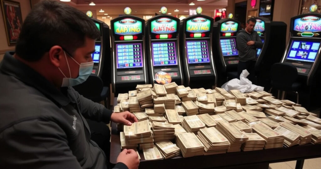 "Immagine della sala giochi illegale a Catania con attrezzature sequestrate e sanzioni di 100 mila euro."