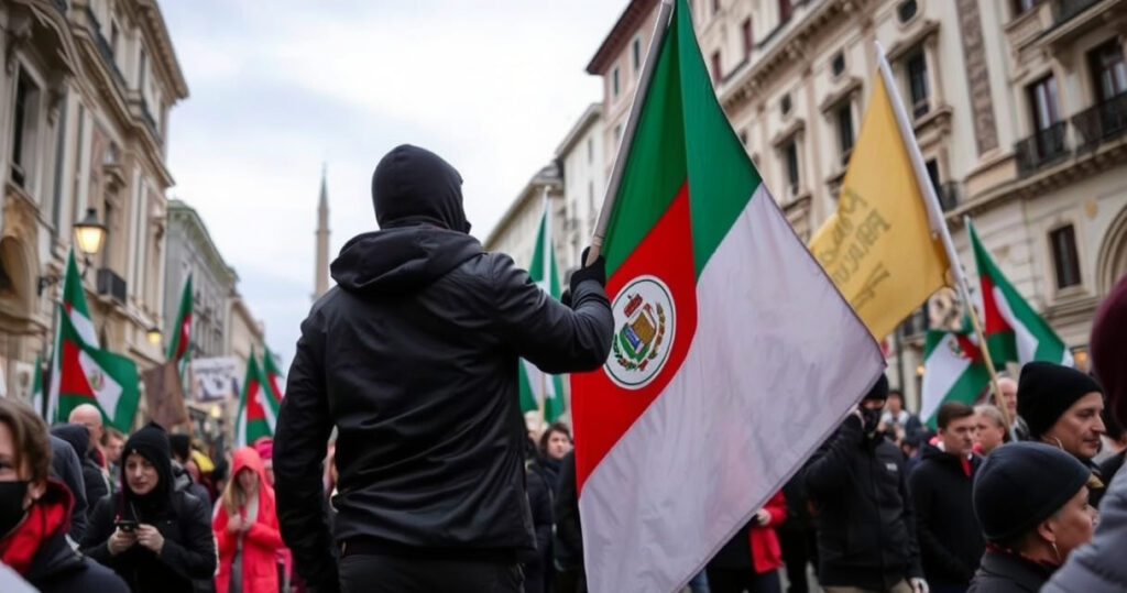 ALT: Corteo a Milano per la Palestina con scritta provocatoria "spara a Giorgia" e danni visibili.