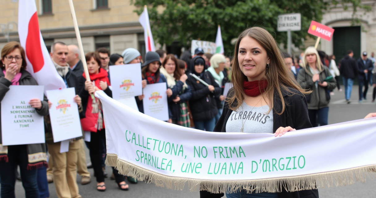 "Emma Marrazzo con la scarpa di Luana D’Orazio alla manifestazione del Primo Maggio a Montemurlo, simbolo di lotta per i diritti dei lavoratori."