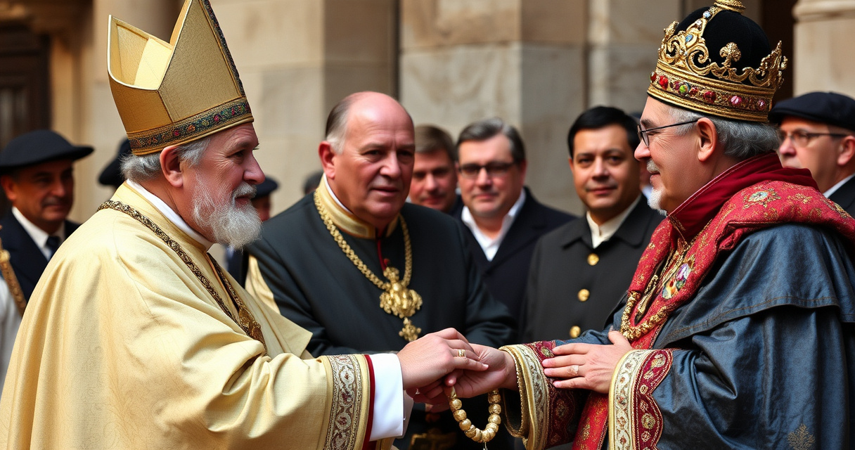 "Papa Leone XIV conferisce l'anello del pescatore e il pallio a Prevost, simboli di autorità e responsabilità ecclesiastica."