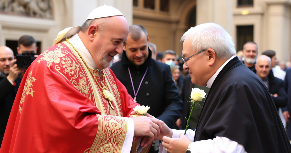 ALT: "Papa Leone XIV omaggia Papa Francesco con una rosa bianca dopo la visita a Genazzano, simbolo di rispetto e continuità nella fede."