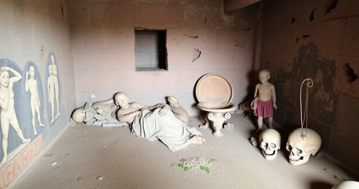"Resti di una famiglia scoperti a Pompei durante l'eruzione del Vesuvio, evidenziando la vita quotidiana nell'antica Roma."