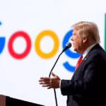 "Immagine di Google e Donald Trump in relazione alla multa antitrust di 2,95 miliardi di euro e alle critiche sulla decisione europea."