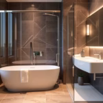 "Doccia walk-in di lusso in bagno moderno, alternativa elegante alle tradizionali docce in vetro."